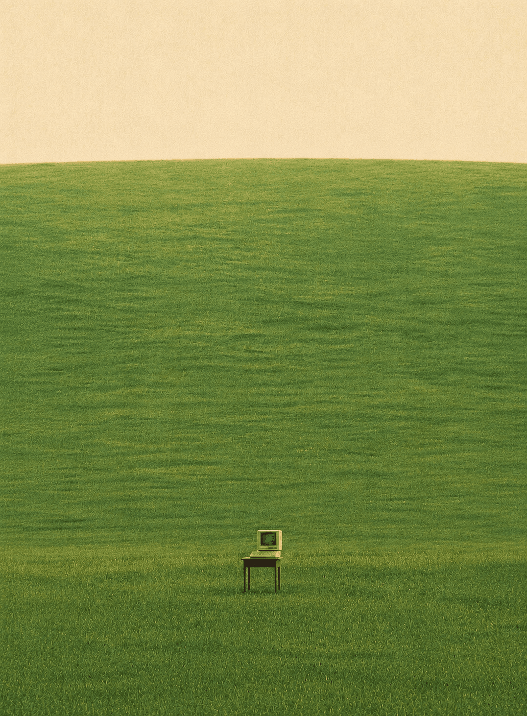 White "Kaiko" text over a green field with a vintage computer monitor on a small table.